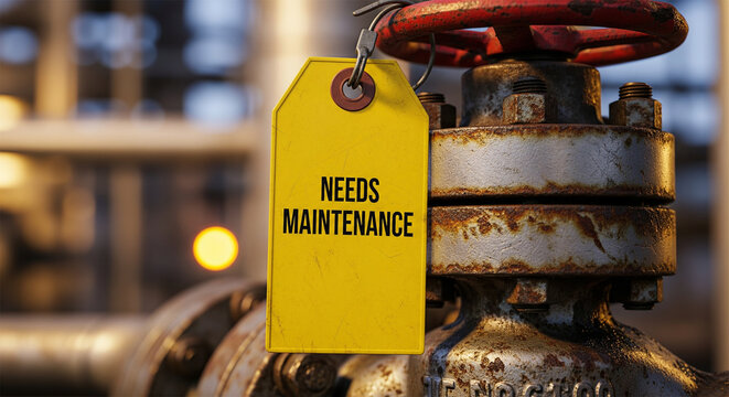 Yellow maintenance tag attached to rusty industrial pipe valve in factory
