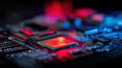 Close-up of a GPU or motherboard circuit board with microchip and red lighting