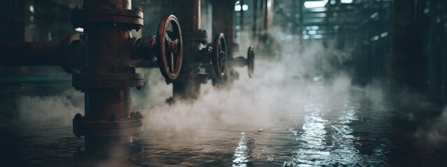 Close-up view of industrial pipes, valves, and steam in a factory setting