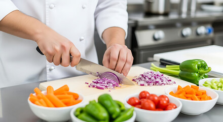 Chef skillfully chopping fresh vegetables for a delicious meal in a professional kitchen.