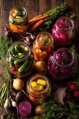 Colorful assortment of homemade pickled vegetables and spices in glass jars