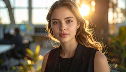 A young woman gazes directly at the viewer with a confident yet soft expression in a sunlit
