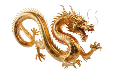 Fototapeta premium Majestic golden dragon with red eyes coiled against transparent background black background mythical