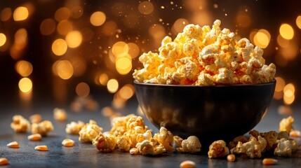 Bowl of Golden Buttery Popcorn on Dark Background with Sparkling Bokeh