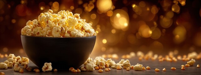 Bowl of Golden Buttery Popcorn on Dark Background with Sparkling Bokeh
