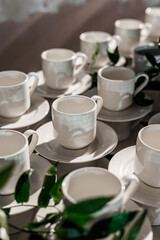 A neat arrangement of stacked white porcelain coffee cups and saucers on a table, accented with fresh green foliage. Perfect for catering or break service themes