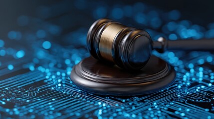 Wooden Gavel on Circuit Board: Cyber Law and Digital Justice Concept