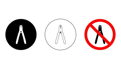 Pliers icon set displayed in filled, outline, and banned circular designs. Suitable for hardware, tools, repair, construction, and workshop graphics