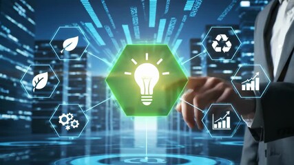 Green energy concept with businessman interacting with a digital interface in an urban setting. Features futuristic icons, highlighting growth and sustainability. - Powered by Adobe