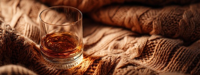 Glass of Whisky on Warm Brown Knit Sweater: Cozy Winter Drink Concept