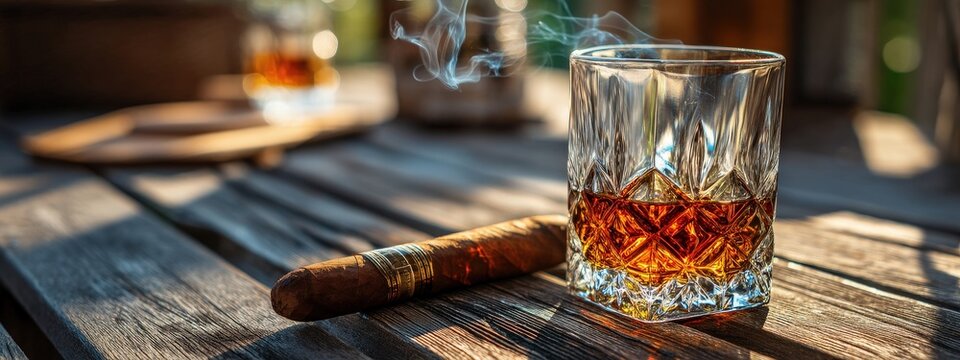 A glass of whiskey with a cigar and ice on a wooden table outside, against a blurred old town street.