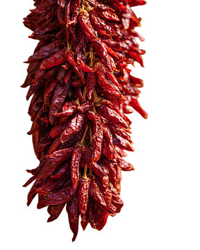 Close up of hanging dried red chili ristra with deep red wrinkled peppers.