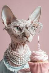 Hairless Sphynx cat in sparkling glasses and pearls celebrating a birthday