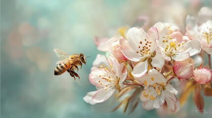 Honeybee in Mid-flight Gracefully Lands on Vibrant Cherry Blossom Branch