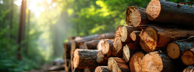 Large Pile of Freshly Cut Logs in Forest at Sunset. Forestry and Wood Piles