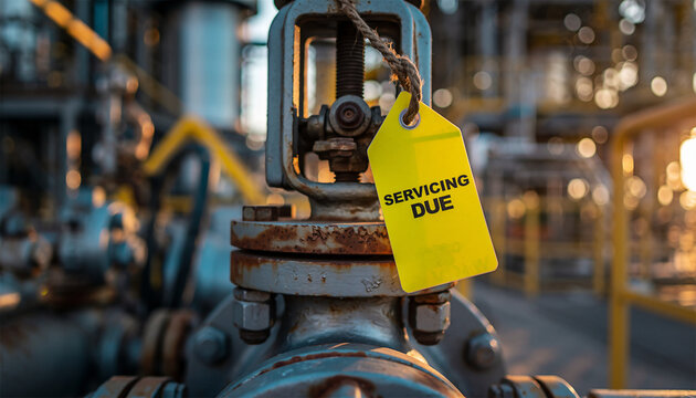 Bright yellow servicing due tag hanging on industrial pipe valve equipment