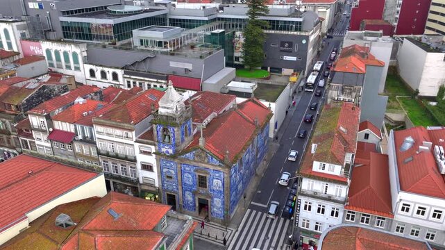 Chapel of souls, Capela das Almas de Santa Catarina Church, Aerial Shot of azulejos Tiles on the wall in Porto, Portugal