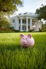 Pink Piggy Bank on Green Lawn in Front of Luxurious White Mansion