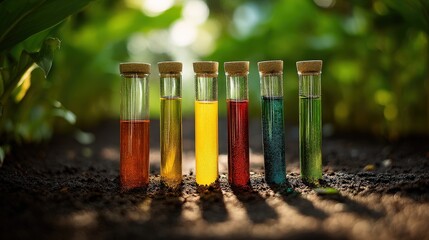Test Tubes with Colorful Liquids in Soil Against Green Natural Background
