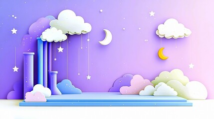 A whimsical pastel purple and pink stage with fluffy clouds, stars, and a crescent moon, perfect for product placement or children's themes.