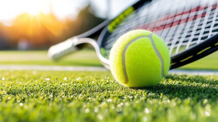 Close-up of tennis ball and racket on grass court at sunset