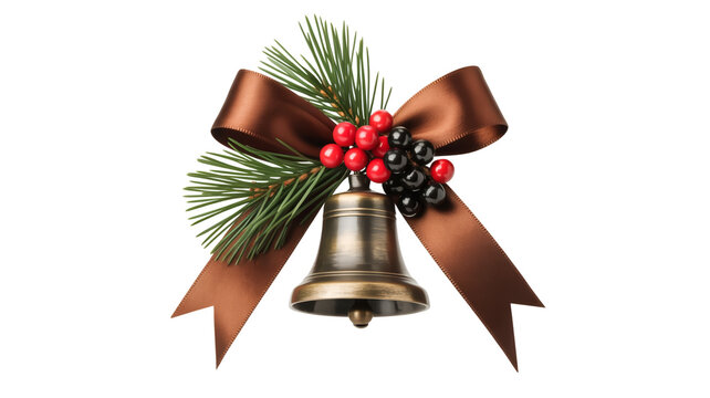 A decorative Christmas bell ornament with a large brown satin ribbon bow on top - Powered by Adobe