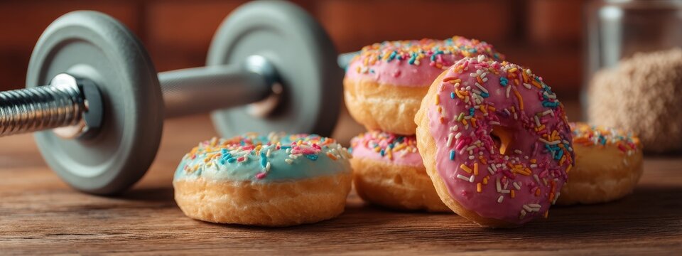 A selection of colorful donuts with sprinkles placed next to a dumbbell, symbolizing a diet dilemma