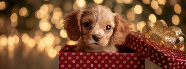 A small puppy peeks out of a red polka-dot gift box during the holidays