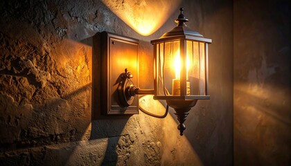 Warm glowing wall lamp in classic lantern style mounted on dark interior wall, creating cozy ambient lighting and elegant home decor.