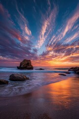 Fiery Sunset Over Ocean with Solitary Rock Formation and Dramatic Sky