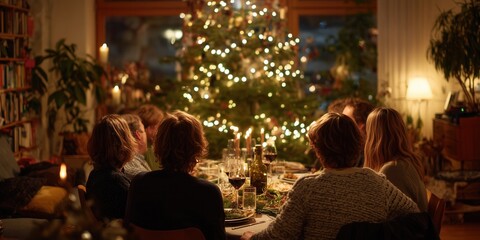Diverse friends in cozy sweaters laugh around festive dinner table with wine, food, candles under glowing Christmas tree lights. Warm holiday gathering, joyful celebration of friendship.