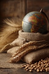 Still Life: Globe, Wheat Grains and Ears on Burlap for Global Agriculture