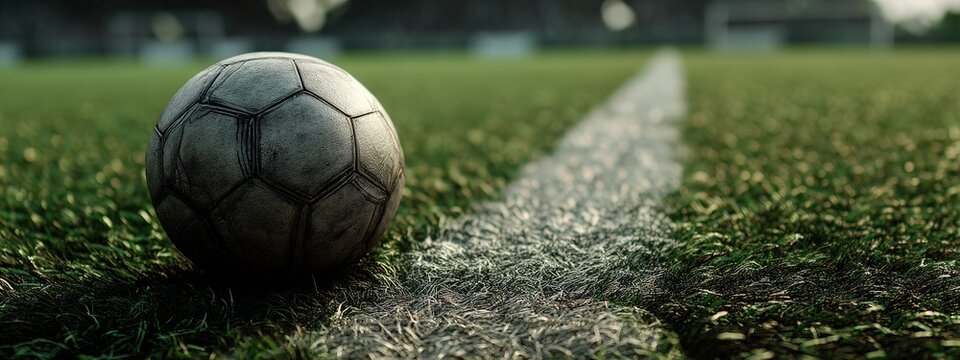 A soccer ball sitting on a green field with white lines