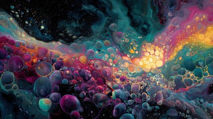 Vibrant Abstract Cosmic Nebula with Iridescent Bubbles and Golden Dust