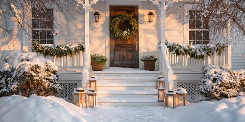 Snow-dusted porch steps lead to glowing wreath-lit door flanked by lantern candles and garland. Welcoming holiday entrance, enchanting winter homecoming vibe.