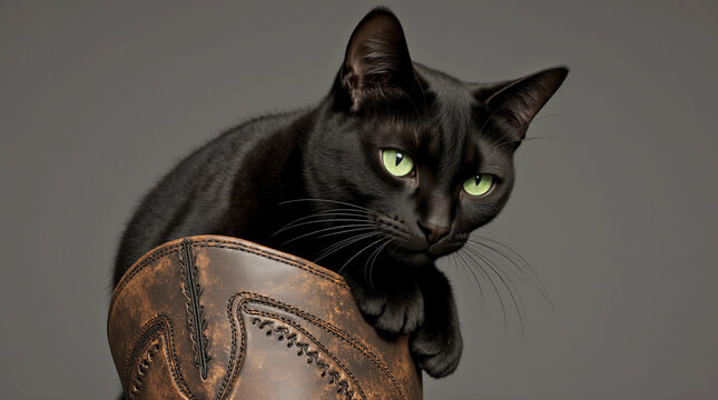 A sleek black cat with piercing green eyes rests its paws on the cuff of a brown, distressed leather boot against a gray background.