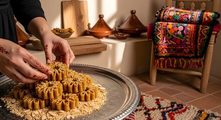 Woman's hands preparing traditional moroccan chebakia pastries