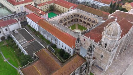 Courtyard of Hieronymites Monastery, Mosteiro dos Jeronimos in Lisbon, Portugal. Famous Lisboa UNESCO landmark, Aerial
