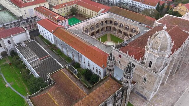 Courtyard of Hieronymites Monastery, Mosteiro dos Jeronimos in Lisbon, Portugal. Famous Lisboa UNESCO landmark, Aerial