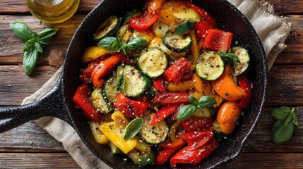Vibrant overhead shot of skillet-roasted vegetables (zucchini, peppers) in a cast iron pan