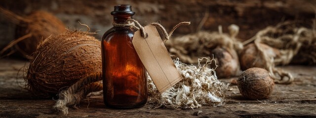 Vintage amber glass bottle with a blank tag, surrounded by coconuts, nuts, and dry botanicals