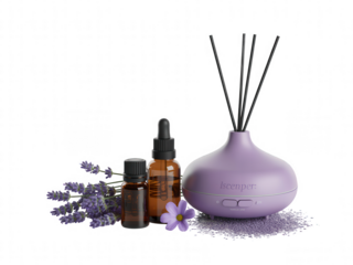 Lavender essential oil diffuser with lavender sprigs and flower transparent background reed