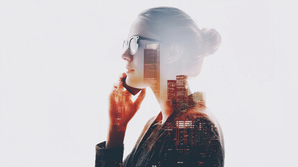 Double exposure of businesswoman on phone with city skyline overlay