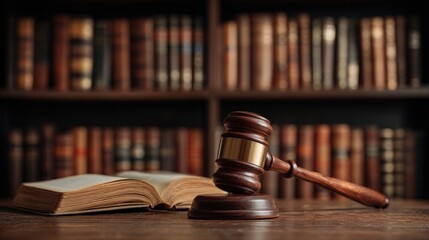 A wooden gavel rests on a desk in front of a large, blurred bookshelf filled with legal volumes