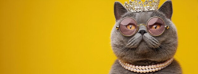 Adorable British Shorthair cat wearing round sunglasses, pearls and a crown