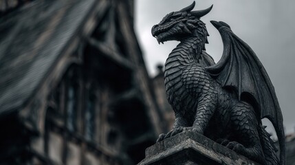 Dark dragon mythical creature gargoyle statue on a medieval castle building, fairytale and fantasy concept, gothic horror art background