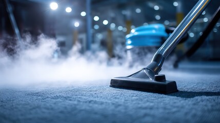 Deep carpet steam cleaning with a visible vapor effect and dramatic lighting.