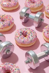 Donuts and a pink dumbbell, creating a contrast symbolizing the balance between fitness and temptation