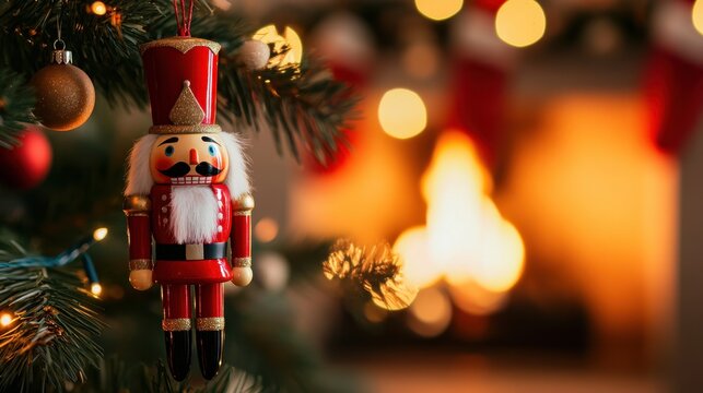 Vintage nutcracker toy hanging from Christmas tree branch. Holiday decoration with fireplace bokeh for festive season. Winter celebration ornament.
