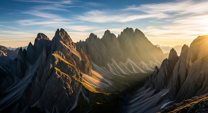 Majestic mountain range bathed in golden sunrise light, casting dramatic shadows.